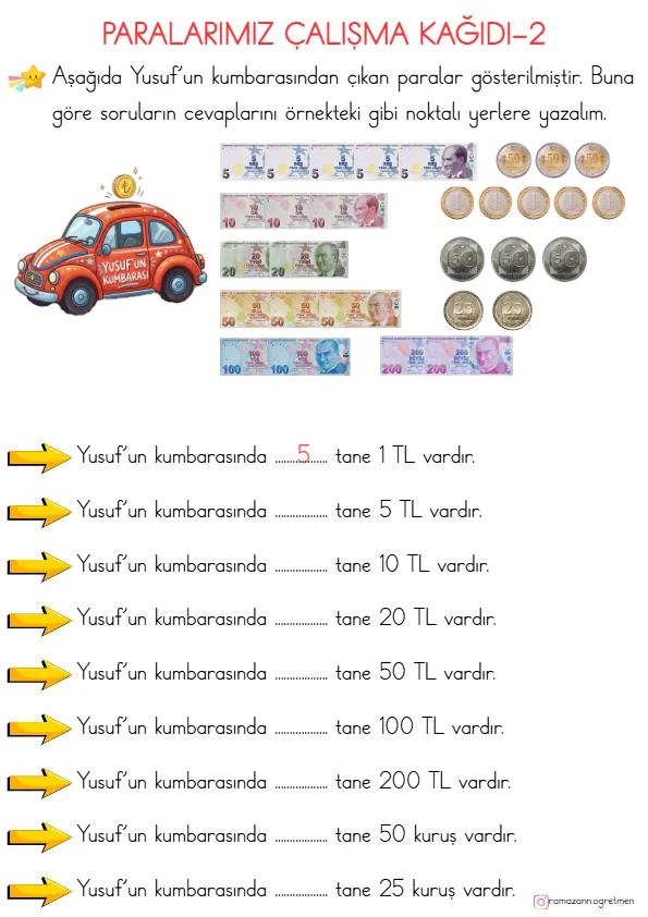 1. Sınıf Matematik Paralarımız Çalışma Kağıdı-2