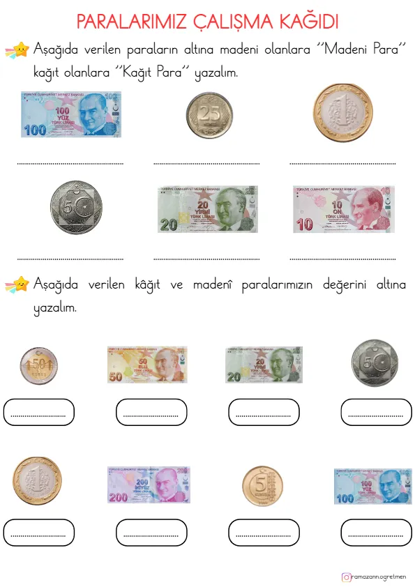 1. Sınıf Matematik Paralarımız Çalışma Kağıdı