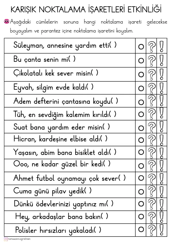 1. Sınıf Türkçe Karışık Noktalama İşaretleri Çalışma Kağıdı-1