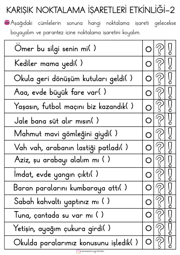 1. Sınıf Türkçe Karışık Noktalama İşaretleri Çalışma Kağıdı-2