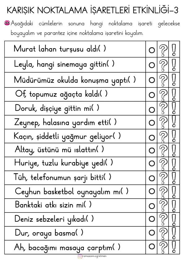 1. Sınıf Türkçe Karışık Noktalama İşaretleri Çalışma Kağıdı-3