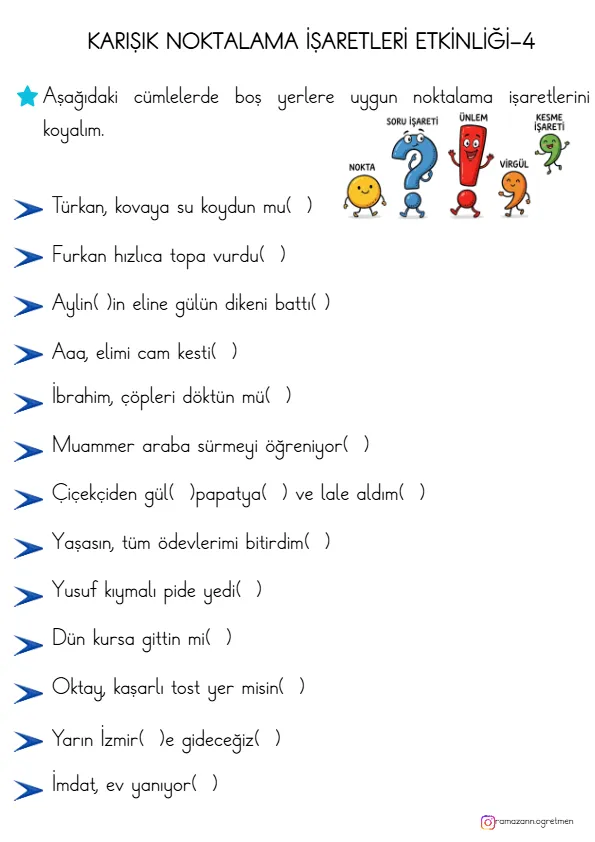 1. Sınıf Türkçe Karışık Noktalama İşaretleri Çalışma Kağıdı-4