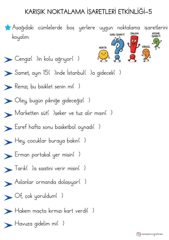 1. Sınıf Türkçe Karışık Noktalama İşaretleri Çalışma Kağıdı-5