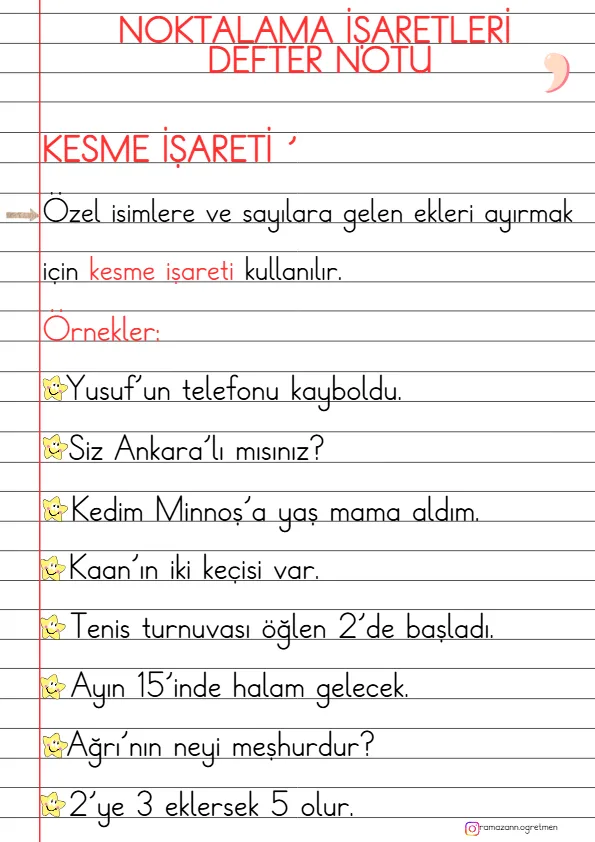 1. Sınıf Türkçe Kesme İşareti Defter Notu