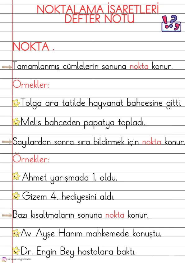 1. Sınıf Türkçe Nokta Defter Notu