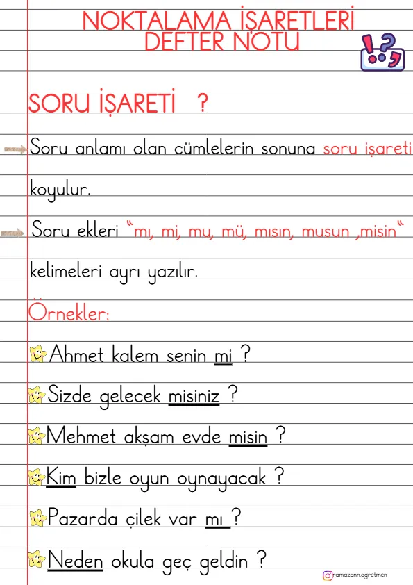 1. Sınıf Türkçe Soru İşareti Defter Notu