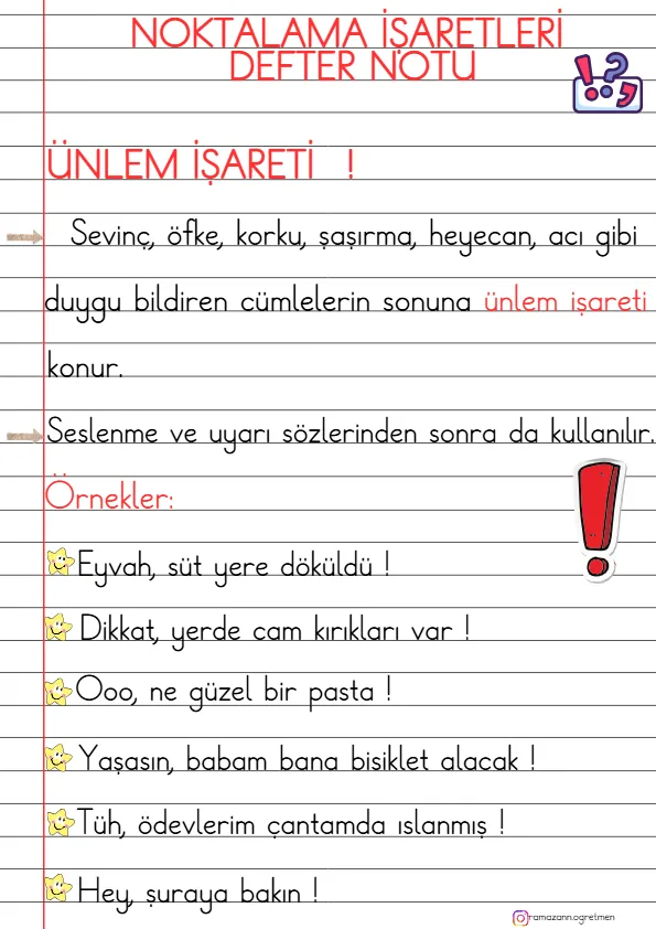 1. Sınıf Türkçe Ünlem Defter Notu