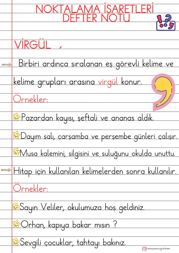 1. Sınıf Türkçe Virgül Defter Notu