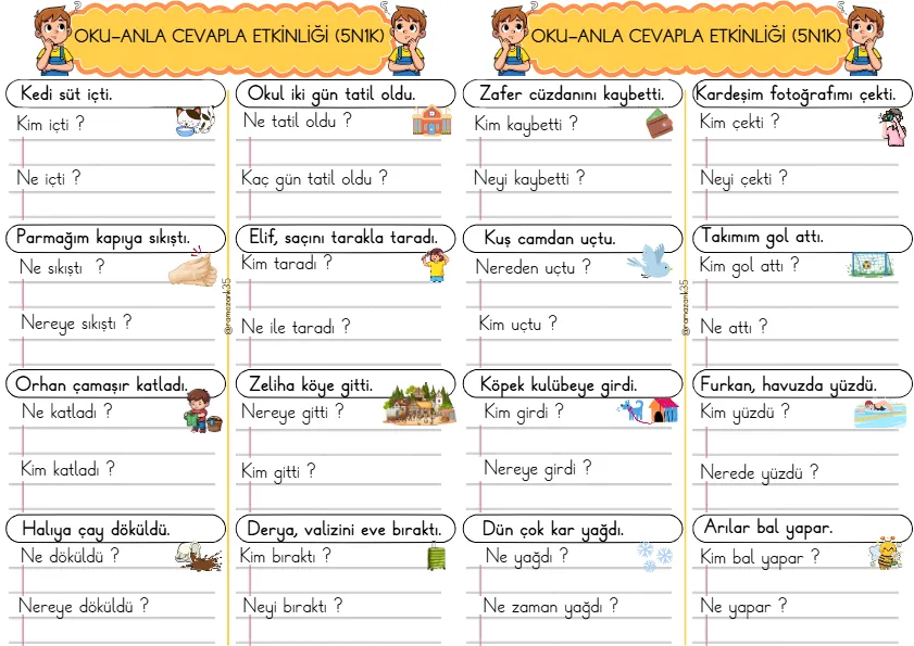 1. Sınıf Türkçe Kısa Cümleler Okuma Anlama Çalışmaları (5N1K)-1