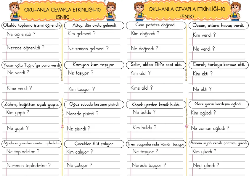 1. Sınıf Türkçe Kısa Cümleler Okuma Anlama Çalışmaları (5N1K)-10