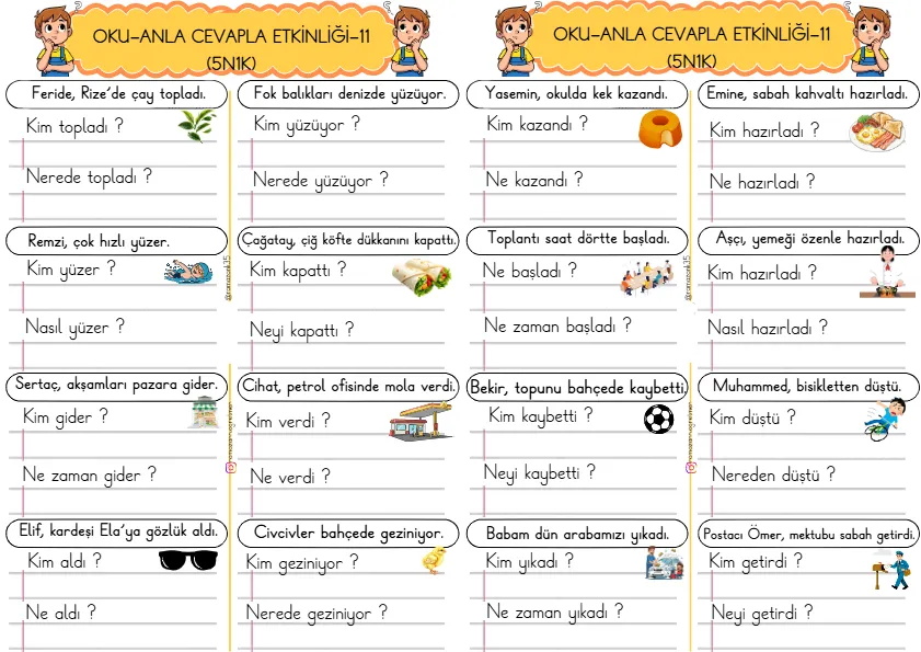 1. Sınıf Türkçe Kısa Cümleler Okuma Anlama Çalışmaları (5N1K)-11