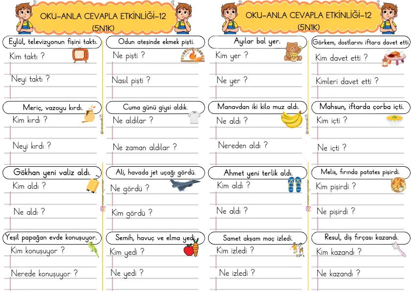 1. Sınıf Türkçe Kısa Cümleler Okuma Anlama Çalışmaları (5N1K)-12