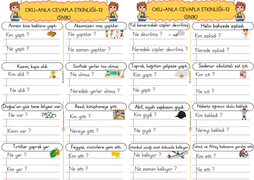 1. Sınıf Türkçe Kısa Cümleler Okuma Anlama Çalışmaları (5N1K)-13