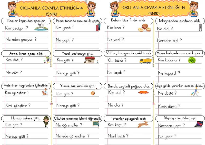 1. Sınıf Türkçe Kısa Cümleler Okuma Anlama Çalışmaları (5N1K)-14