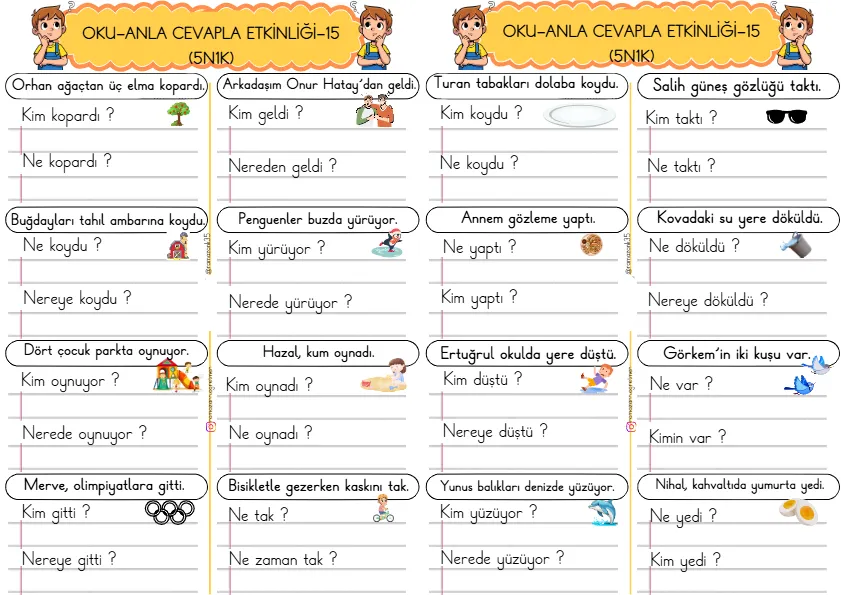 1. Sınıf Türkçe Kısa Cümleler Okuma Anlama Çalışmaları (5N1K)-15