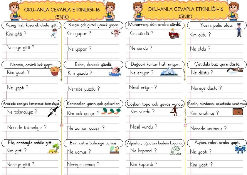 1. Sınıf Türkçe Kısa Cümleler Okuma Anlama Çalışmaları (5N1K)-16