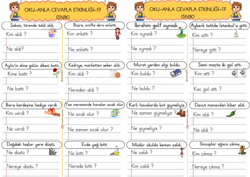 1. Sınıf Türkçe Kısa Cümleler Okuma Anlama Çalışmaları (5N1K)-17