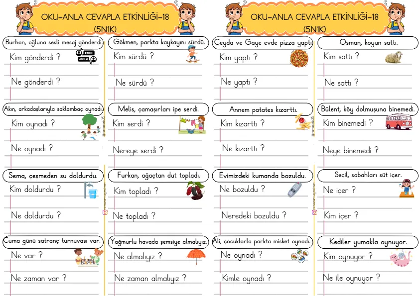 1. Sınıf Türkçe Kısa Cümleler Okuma Anlama Çalışmaları (5N1K)-18