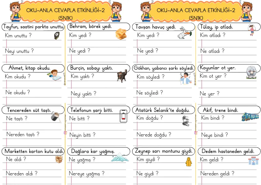 1. Sınıf Türkçe Kısa Cümleler Okuma Anlama Çalışmaları (5N1K)-2