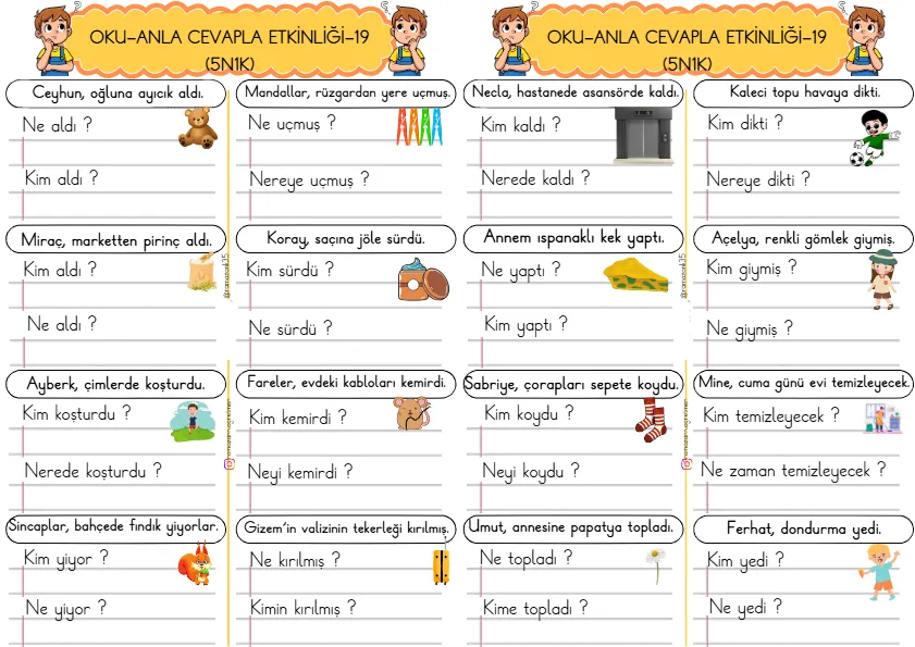 1. Sınıf Türkçe Kısa Cümleler Okuma Anlama Çalışmaları (5N1K)-20