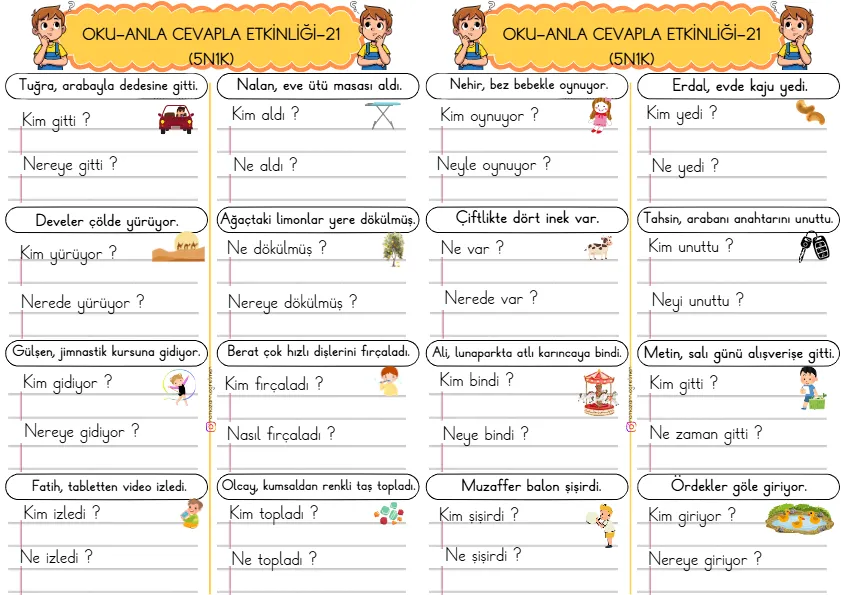 1. Sınıf Türkçe Kısa Cümleler Okuma Anlama Çalışmaları (5N1K)-21