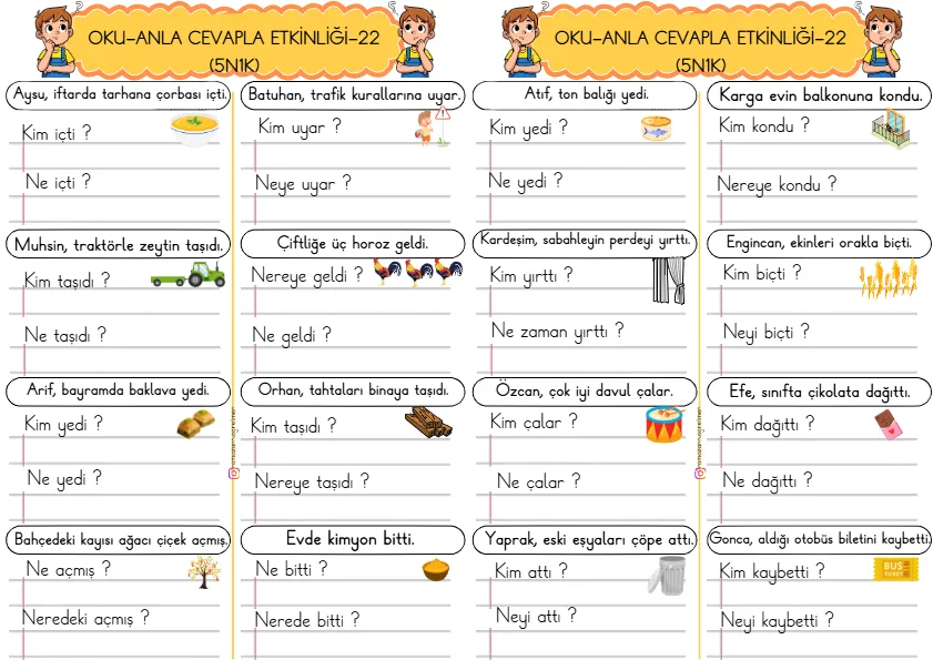 1. Sınıf Türkçe Kısa Cümleler Okuma Anlama Çalışmaları (5N1K)-22