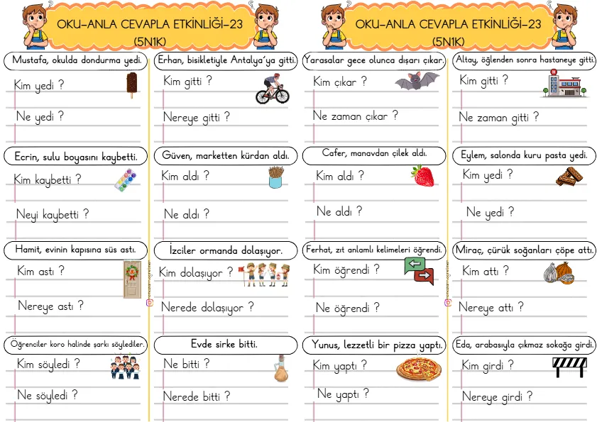 1. Sınıf Türkçe Kısa Cümleler Okuma Anlama Çalışmaları (5N1K)-23