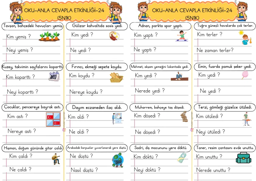 1. Sınıf Türkçe Kısa Cümleler Okuma Anlama Çalışmaları (5N1K)-24