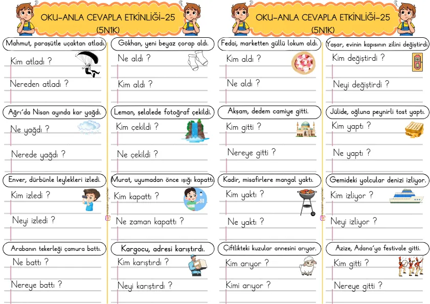 1. Sınıf Türkçe Kısa Cümleler Okuma Anlama Çalışmaları (5N1K)-25