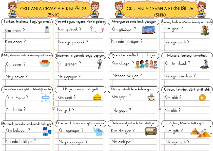 1. Sınıf Türkçe Kısa Cümleler Okuma Anlama Çalışmaları (5N1K)-26