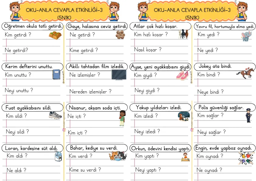 1. Sınıf Türkçe Kısa Cümleler Okuma Anlama Çalışmaları (5N1K)-3