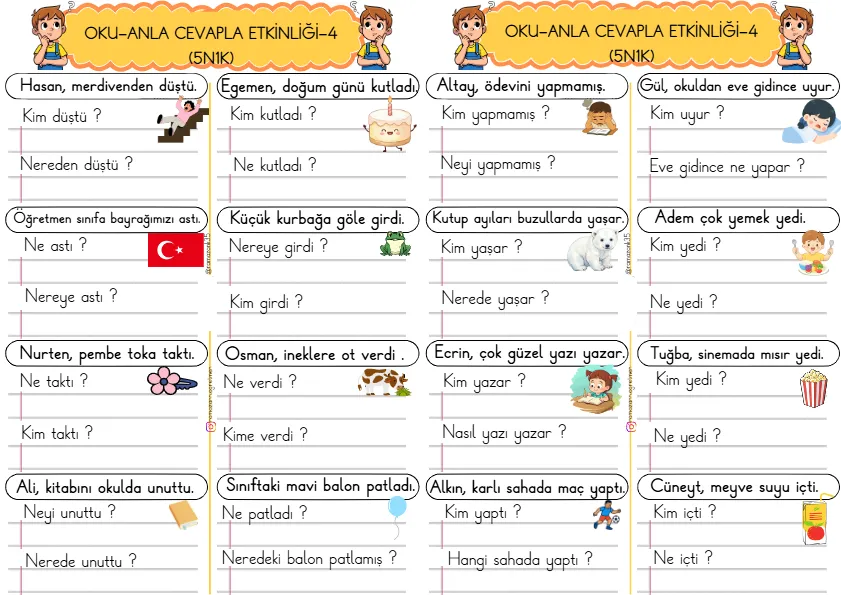 1. Sınıf Türkçe Kısa Cümleler Okuma Anlama Çalışmaları (5N1K)-4