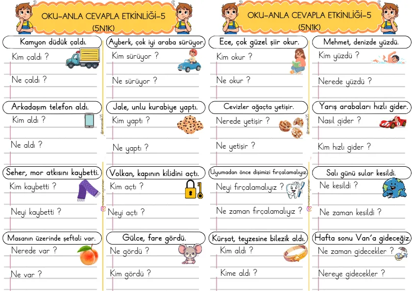 1. Sınıf Türkçe Kısa Cümleler Okuma Anlama Çalışmaları (5N1K)-5