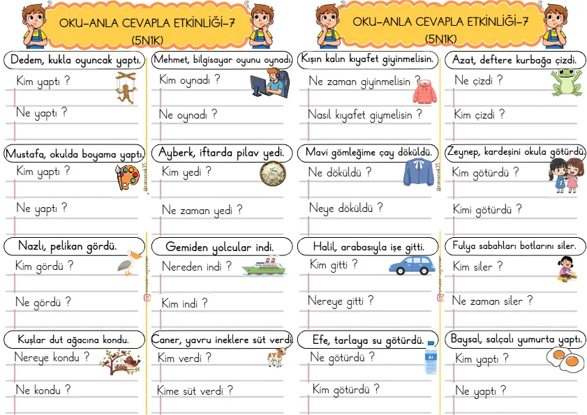 1. Sınıf Türkçe Kısa Cümleler Okuma Anlama Çalışmaları (5N1K)-7