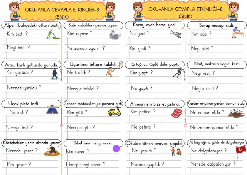 1. Sınıf Türkçe Kısa Cümleler Okuma Anlama Çalışmaları (5N1K)-8