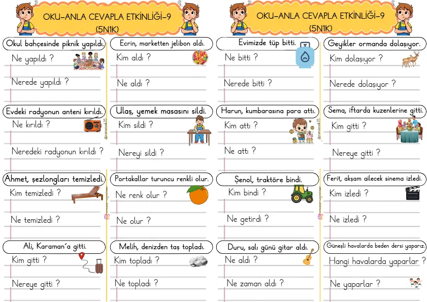 1. Sınıf Türkçe Kısa Cümleler Okuma Anlama Çalışmaları (5N1K)-9