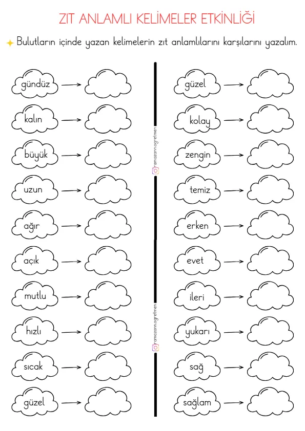 1. Sınıf Türkçe Zıt Anlamlı Kelimeler Çalışma Kağıdı