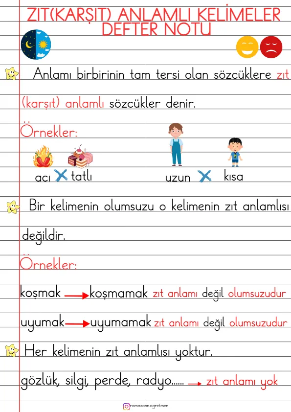 1. Sınıf Türkçe Zıt Anlamlı Kelimeler Defter Notu
