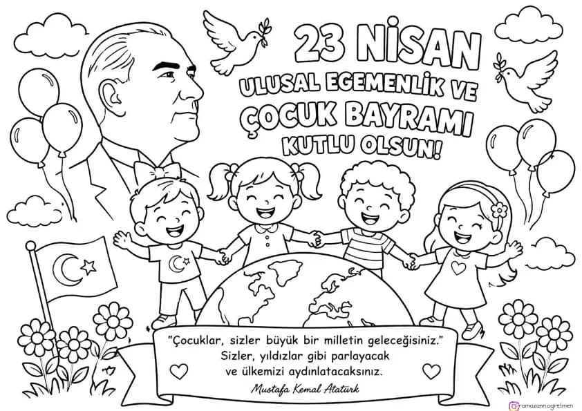 23 Nisan Ulusal Egemenlik ve Çocuk Bayramı Boyama Görselleri 10 Sayfa