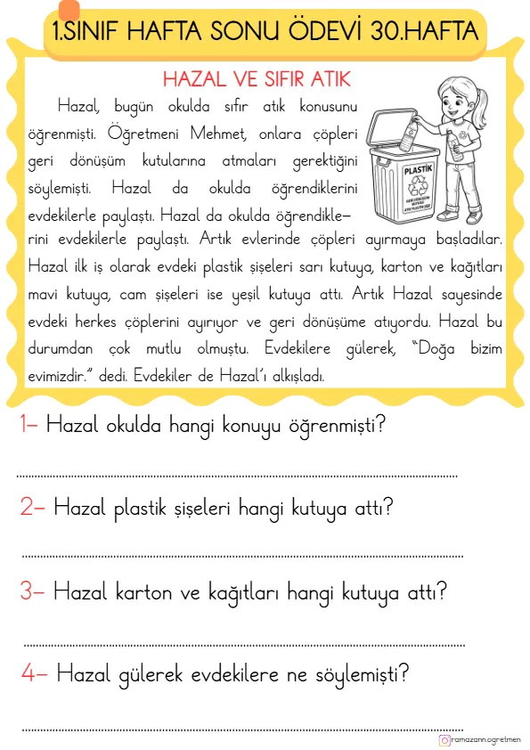 1. Sınıf Hafta Sonu Ödevi 30. Hafta Türkçe-Matematik-Hayat Bilgisi