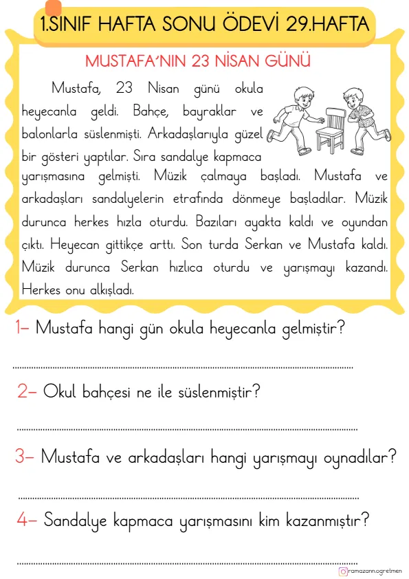 1. Sınıf Hafta Sonu Ödevi 29. Hafta Türkçe-Matematik-Hayat Bilgisi